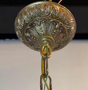 Vintage Circa 1970 Ornate Cast Metal Lantern with Original Hammered Pattern Amber Glass