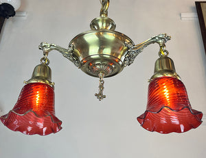 Antique Circa 1920 Two Light Edwardian Cast Arm Pan Light with Antique Cranberry Swirl Shades