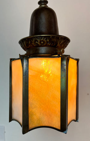 Antique Circa 1910 Double Filgree Arm Desk Lamp with Embossed Wreath Base and Antique Hexagonal Slag Glass Shades