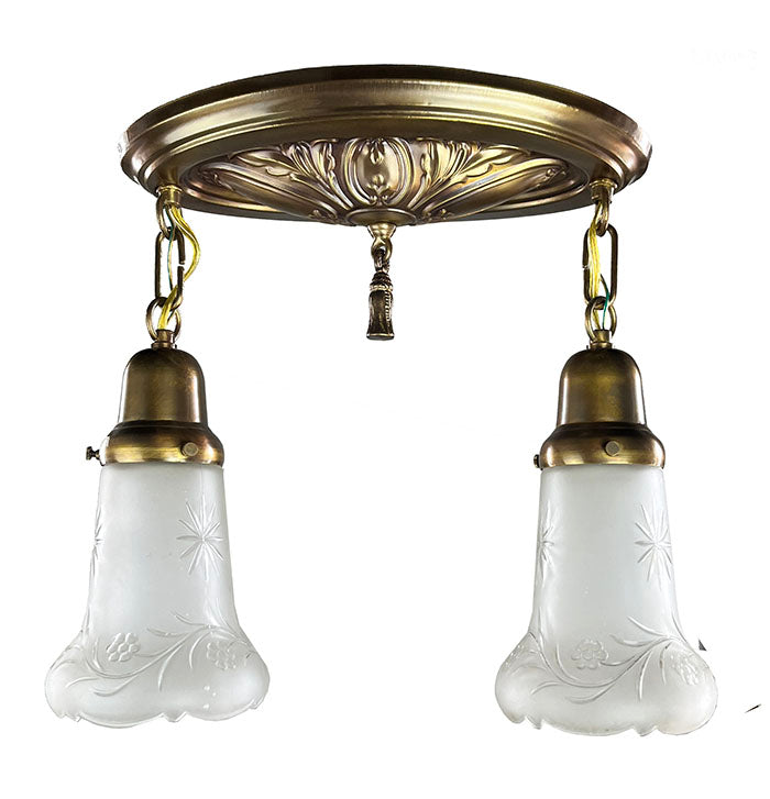 Antique Circa 1910 Two Light, Embossed Oval Flush Mount Fixture with Acanthus Details and Antique Cut Glass and Scalloped Shades