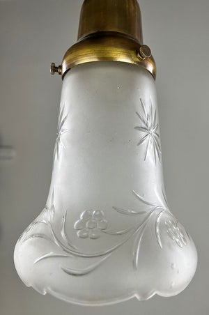 Antique Circa 1910 Two Light, Embossed Oval Flush Mount Fixture with Acanthus Details and Antique Cut Glass and Scalloped Shades
