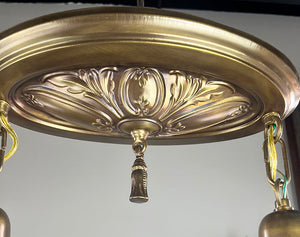 Antique Circa 1910 Two Light, Embossed Oval Flush Mount Fixture with Acanthus Details and Antique Cut Glass and Scalloped Shades