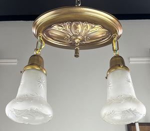 Antique Circa 1910 Two Light, Embossed Oval Flush Mount Fixture with Acanthus Details and Antique Cut Glass and Scalloped Shades