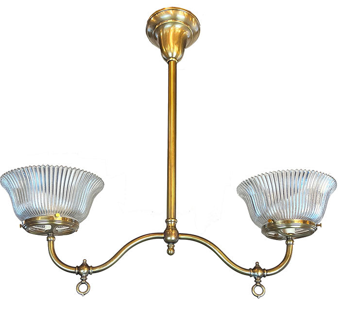 Antique Circa 1900 Double Light Converted Gas Scroll Arm with Original Ribbed Holophane Shades