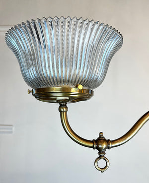 Antique Circa 1900 Double Light Converted Gas Scroll Arm with Original Ribbed Holophane Shades