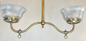 Antique Circa 1900 Double Light Converted Gas Scroll Arm with Original Ribbed Holophane Shades