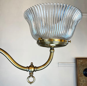 Antique Circa 1900 Double Light Converted Gas Scroll Arm with Original Ribbed Holophane Shades