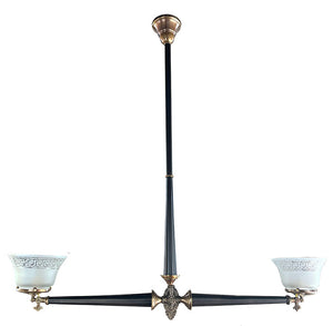Antique late 1880s Two Light Converted Commercial Gas Light with Tapered Arms, Column and Original Antique Greek Key Shades