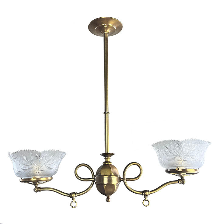 Antique Circa 1890-1900 Two Light Scroll Arm Converted Gas Light with Hexagonal Center Body and Antique Pressed Glass Shades