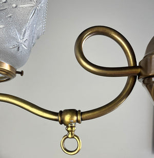Antique Circa 1890-1900 Two Light Scroll Arm Converted Gas Light with Hexagonal Center Body and Antique Pressed Glass Shades