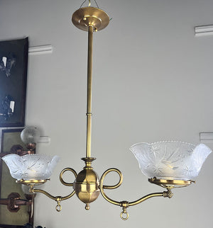Antique Circa 1890-1900 Two Light Scroll Arm Converted Gas Light with Hexagonal Center Body and Antique Pressed Glass Shades