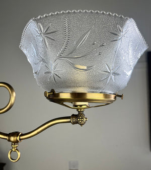 Antique Circa 1890-1900 Two Light Scroll Arm Converted Gas Light with Hexagonal Center Body and Antique Pressed Glass Shades