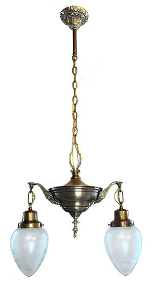 Antique Circa 1920 Two Light Edwardian Cast Neo Classical Arm Pan Light with Vianne Acid Etched Wreath and Garland Shades