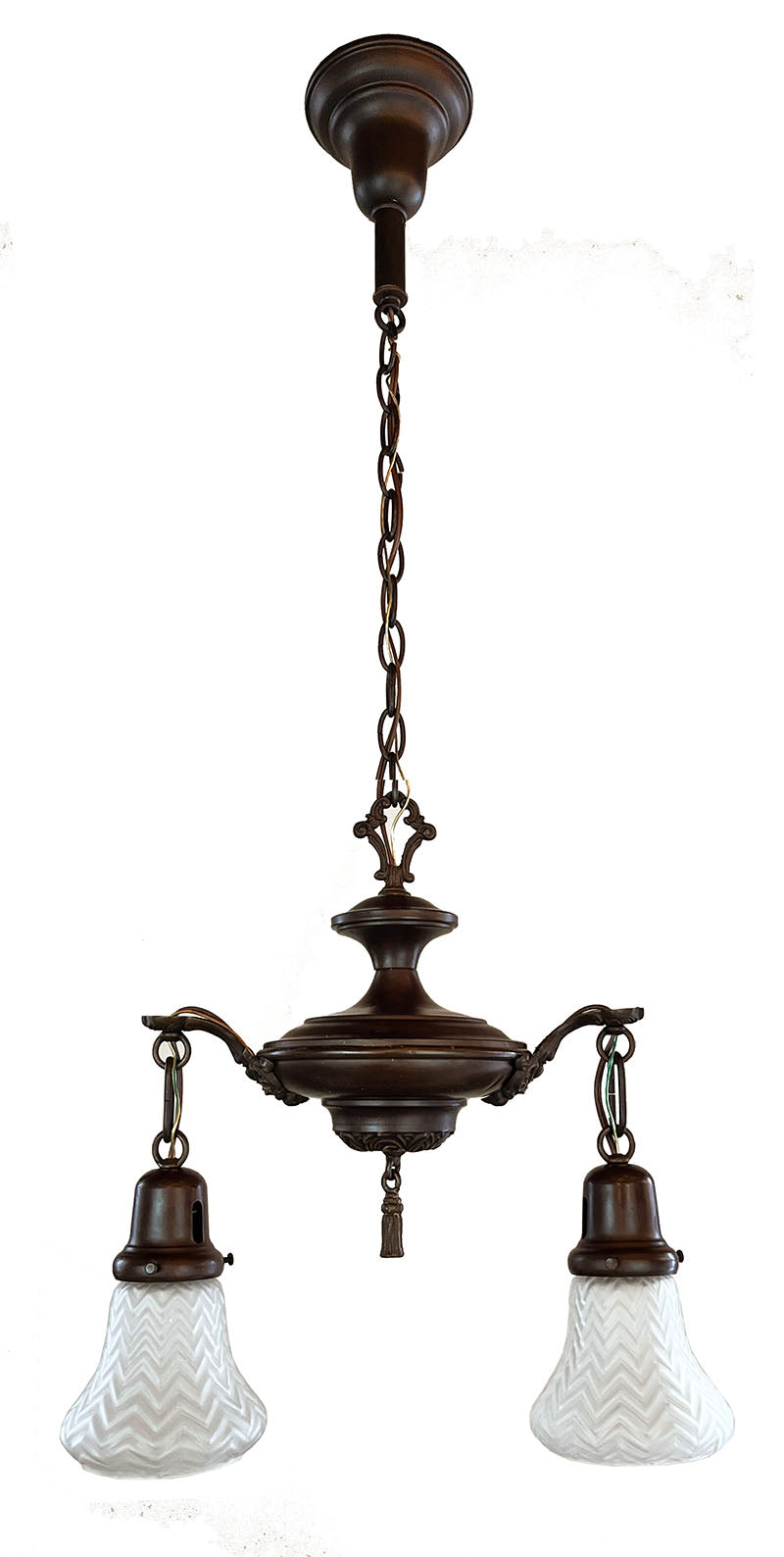 Antique Circa 1920 Two Light Edwardian Cast Arm Pan Light with Embossed Bottom and Scroll and Torch Neo Classical Arms