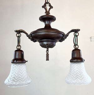 Antique Circa 1920 Two Light Edwardian Cast Arm Pan Light with Embossed Bottom and Scroll and Torch Neo Classical Arms