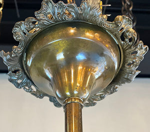 Antique Early 1900s Transitional Art Nouveau Three Arm Exaggerated Scroll Arm Flush Mount with Orate Filigree and Original Pulled Feather Art Glass Shades