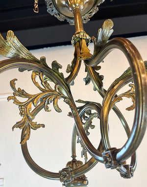 Antique Early 1900s Transitional Art Nouveau Three Arm Exaggerated Scroll Arm Flush Mount with Orate Filigree and Original Pulled Feather Art Glass Shades
