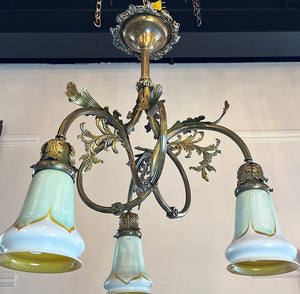 Antique Early 1900s Transitional Art Nouveau Three Arm Exaggerated Scroll Arm Flush Mount with Orate Filigree and Original Pulled Feather Art Glass Shades