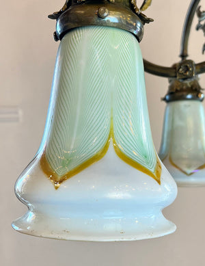 Antique Early 1900s Transitional Art Nouveau Three Arm Exaggerated Scroll Arm Flush Mount with Orate Filigree and Original Pulled Feather Art Glass Shades