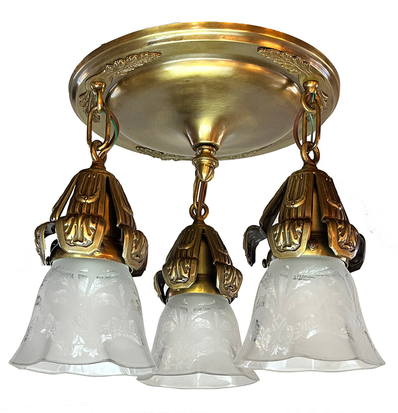 Antique Circa 1910 Three Light Flush Mount with Embossed Shade Holders and Antique Etched Shades