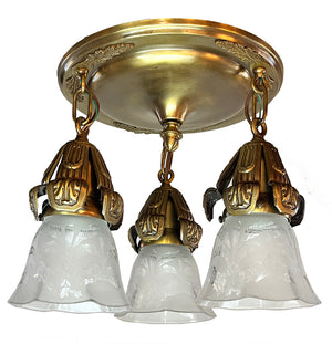 Antique Circa 1910 Three Light Flush Mount with Embossed Shade Holders and Antique Etched Shades