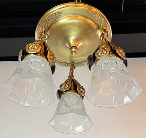 Antique Circa 1910 Three Light Flush Mount with Embossed Shade Holders and Antique Etched Shades