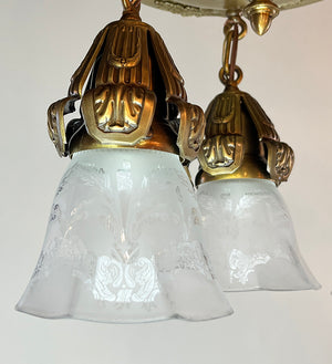 Antique Circa 1910 Three Light Flush Mount with Embossed Shade Holders and Antique Etched Shades