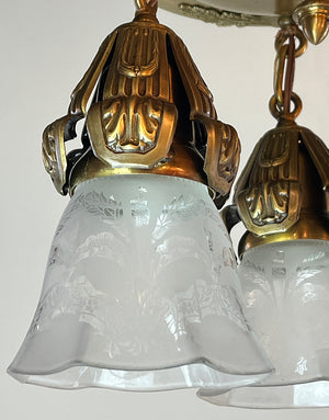 Antique Circa 1910 Three Light Flush Mount with Embossed Shade Holders and Antique Etched Shades
