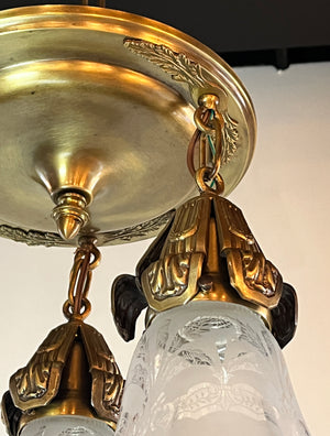 Antique Circa 1910 Three Light Flush Mount with Embossed Shade Holders and Antique Etched Shades