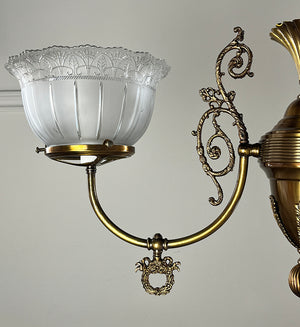 Antique Circa 1895-1900 Late Victorian Converted Two Light Gas Fixture with Original Gillender Shades