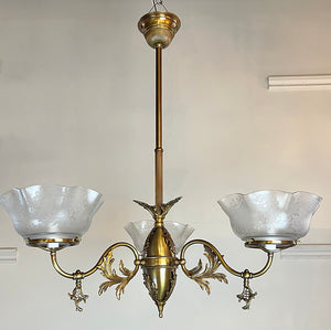 Antique Circa 1895 Three Light Converted Gas Fixture Attributed to Gibson Gas Works of Philadelphia