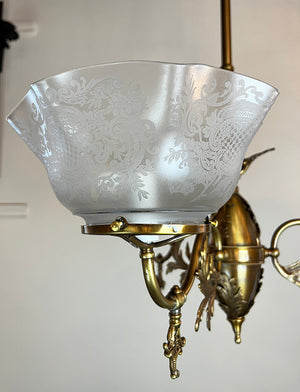 Antique Circa 1895 Three Light Converted Gas Fixture Attributed to Gibson Gas Works of Philadelphia