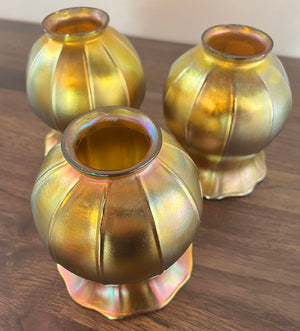 Antique Early 1900s French Art Nouveau Three Light Fixture with Antique Signed Steuben Gold Aurene Squash Shades