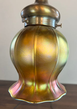 Antique Early 1900s French Art Nouveau Three Light Fixture with Antique Signed Steuben Gold Aurene Squash Shades