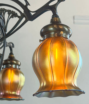 Antique Early 1900s French Art Nouveau Three Light Fixture with Antique Signed Steuben Gold Aurene Squash Shades