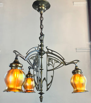 Antique Early 1900s French Art Nouveau Three Light Fixture with Antique Signed Steuben Gold Aurene Squash Shades
