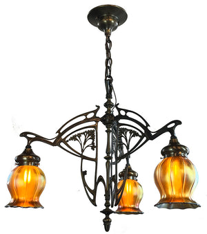 Antique Early 1900s French Art Nouveau Three Light Fixture with Antique Signed Steuben Gold Aurene Squash Shades