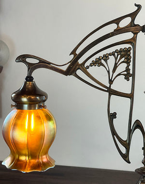 Antique Early 1900s French Art Nouveau Three Light Fixture with Antique Signed Steuben Gold Aurene Squash Shades