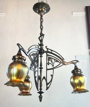 Antique Early 1900s French Art Nouveau Three Light Fixture with Antique Signed Steuben Gold Aurene Squash Shades