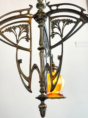 Antique Early 1900s French Art Nouveau Three Light Fixture with Antique Signed Steuben Gold Aurene Squash Shades