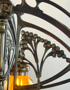 Antique Early 1900s French Art Nouveau Three Light Fixture with Antique Signed Steuben Gold Aurene Squash Shades