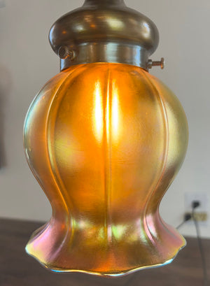 Antique Early 1900s French Art Nouveau Three Light Fixture with Antique Signed Steuben Gold Aurene Squash Shades