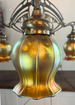 Antique Early 1900s French Art Nouveau Three Light Fixture with Antique Signed Steuben Gold Aurene Squash Shades