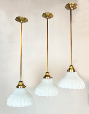 $1275 SET OF 3 - Antique Circa 1905-10 Jefferson Milk Glass Fluted Shades on Contemporary Handmade Pendants