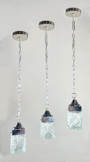 $1200 SET OF 3 - Circa 1960S-70s Italian Cube Block Glass Pendant Lights on Original Polished Nickel Holders
