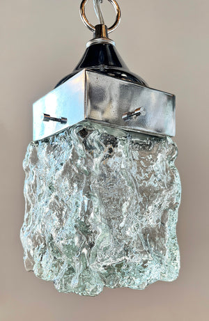 $1200 SET OF 3 - Circa 1960S-70s Italian Cube Block Glass Pendant Lights on Original Polished Nickel Holders