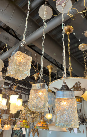 $1200 SET OF 3 - Circa 1960S-70s Italian Cube Block Glass Pendant Lights on Original Polished Nickel Holders