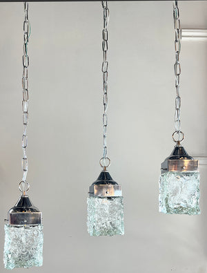 $1200 SET OF 3 - Circa 1960S-70s Italian Cube Block Glass Pendant Lights on Original Polished Nickel Holders