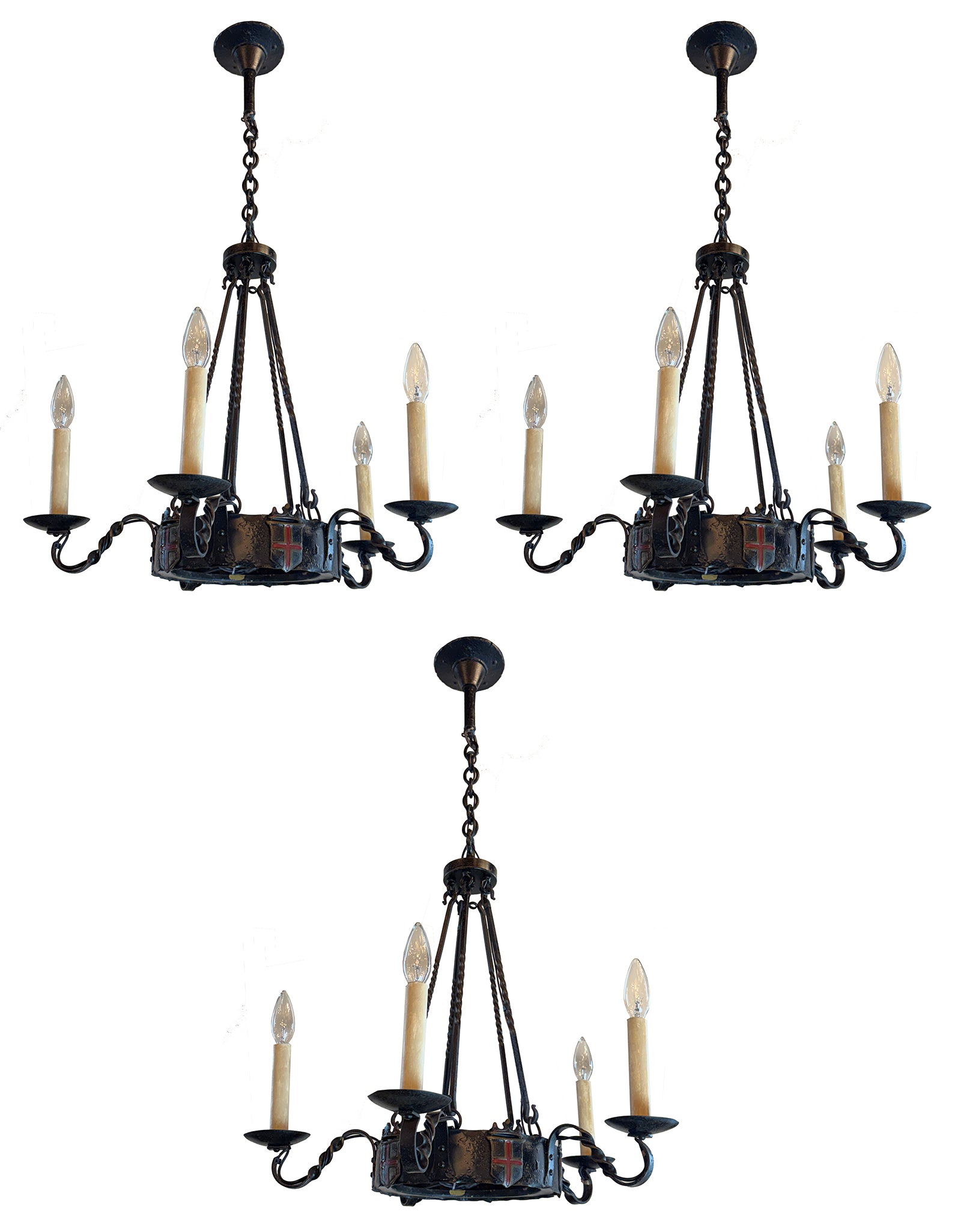 SET OF 3 - Antique 1920 Tudor Revival Wrought Iron Five Light Chandeliders with Original Poly Chrome Finish
