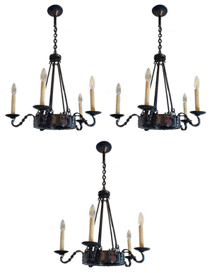 SET OF 3 - Antique 1920 Tudor Revival Wrought Iron Five Light Chandeliders with Original Poly Chrome Finish